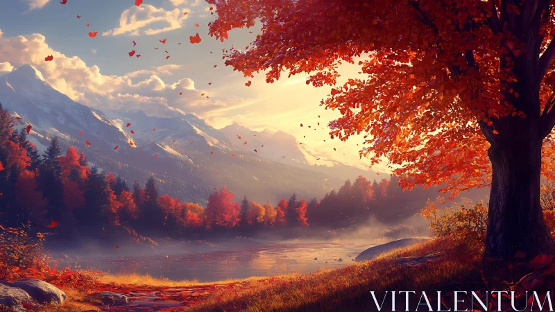 Autumn lake reflects snowy mountains under glowing sunset sky