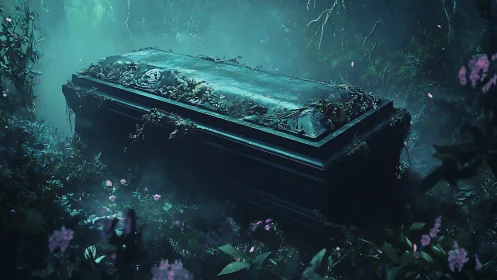 Digital painting of overgrown stone sarcophagus in misted forest.