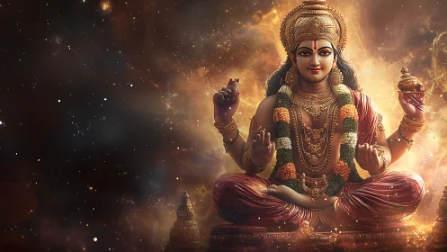 Radiant cosmic deity in golden calm amid swirling stardust.