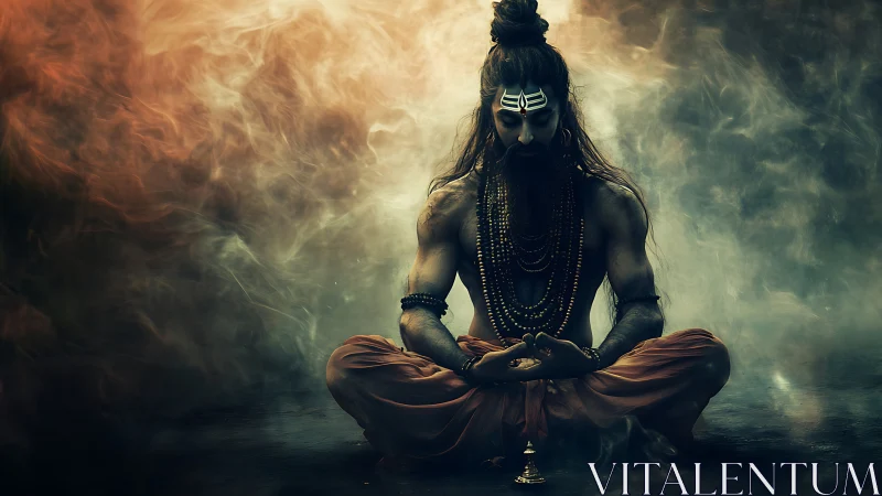 Mystic yogi meditates in swirling golden smoke field.
