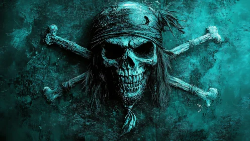 Weathered pirate skull emblem rendered in textured teal chiaroscuro