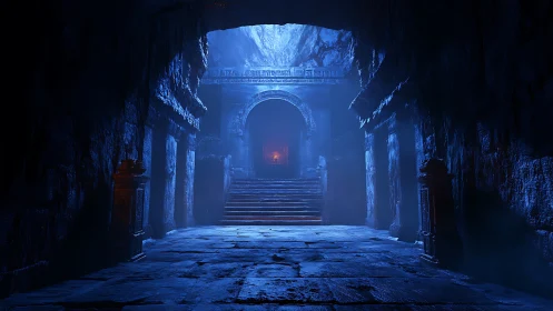 Ancient blue-lit stone corridor leads to a fiery inner sanctum