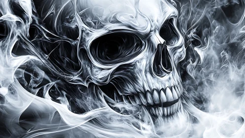 Digital skull illustration integrates smoke-like abstract forms
