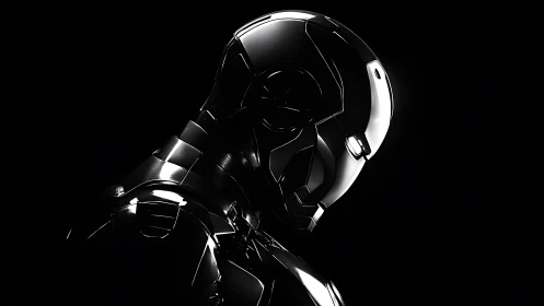 Chrome robotic head in stark side profile lighting.