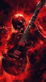 Fiery skeleton guitarist shredding in swirling red smoke.