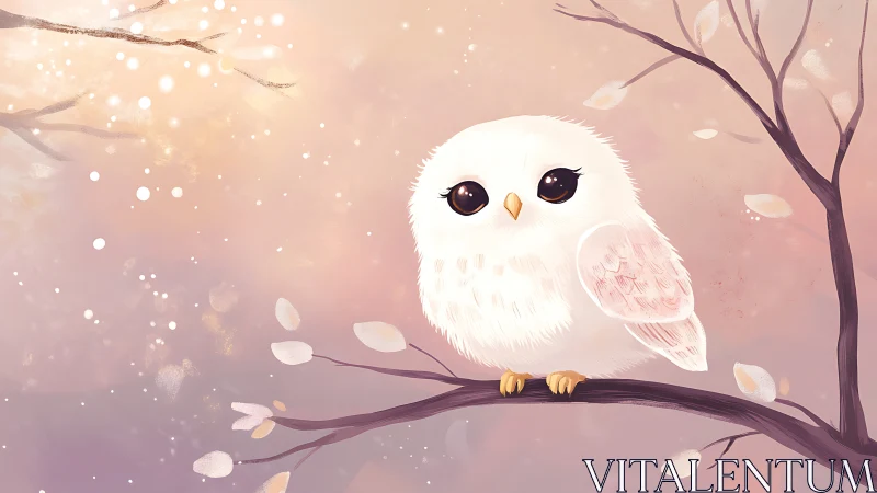 Cute White Owl on Branch in Soft Pastel Dreamy Digital Art.