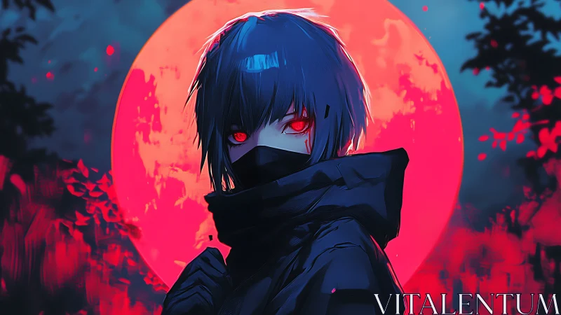 Moonlit masked warrior gazes calmly through crimson night