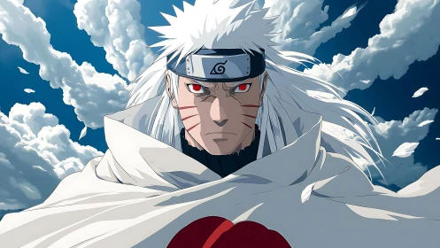 Storm-eyed ninja warlord beneath a sky of restless feathers.