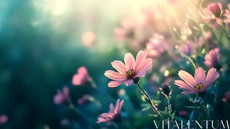 Pink daisy flowers bathed in soft golden sunlight and bokeh.