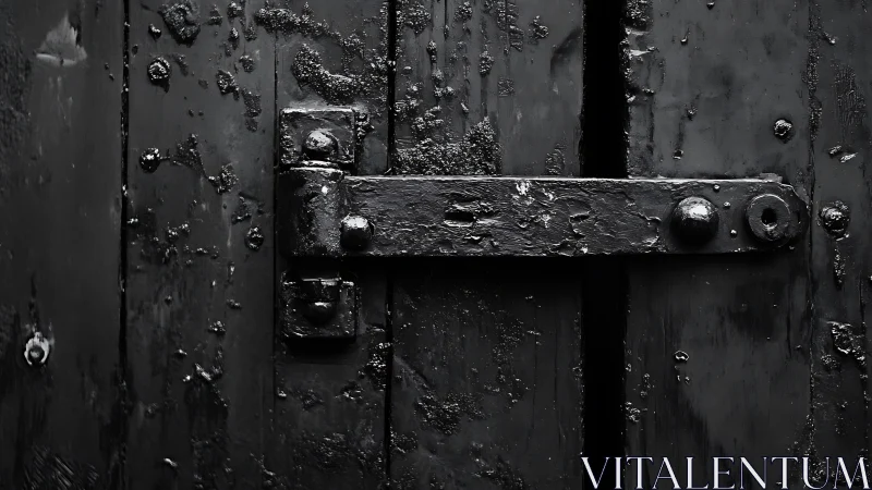 Weathered black metal latch on textured wooden door panels
