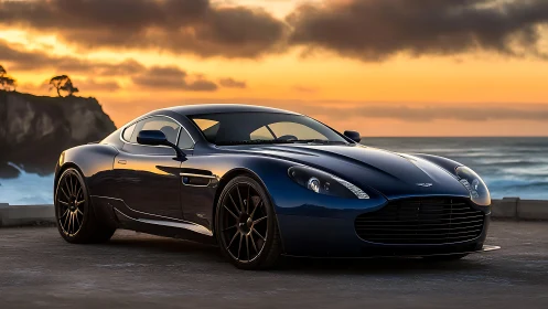 Midnight blue grand tourer dominates coastal sunset road.