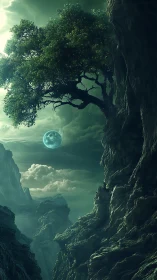 Solitary tree on cliff above misty ravine under moonlight.