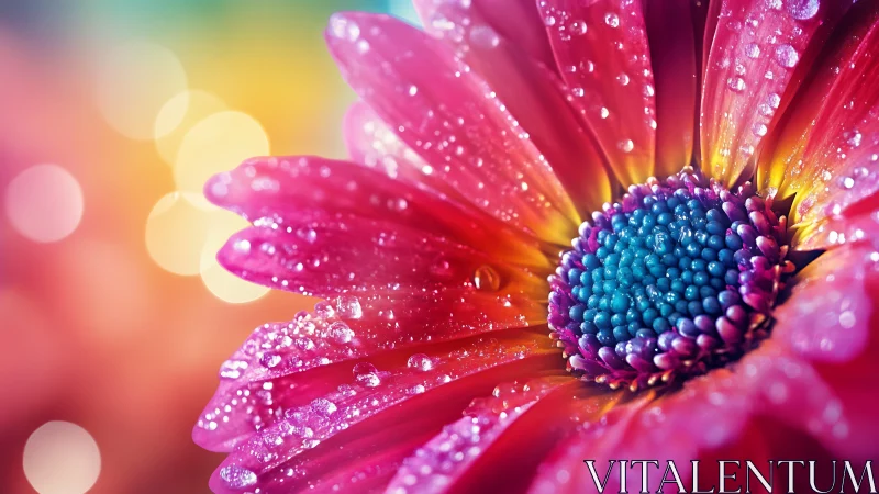 Macro photograph of pink Gerbera daisy with crystalline water droplets under warm bokeh illumination