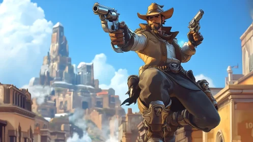 Stylized gunslinger mid-leap with dual revolvers in desert city
