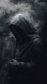Hooded figure in dark cloak stands in dense swirling fog