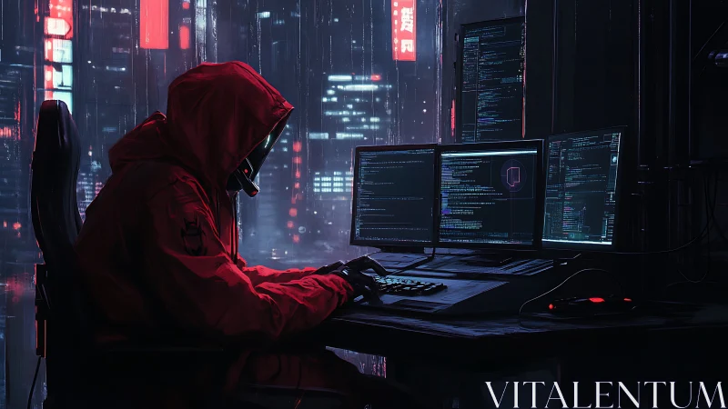 Hooded hacker at multi monitor workstation in neon city.