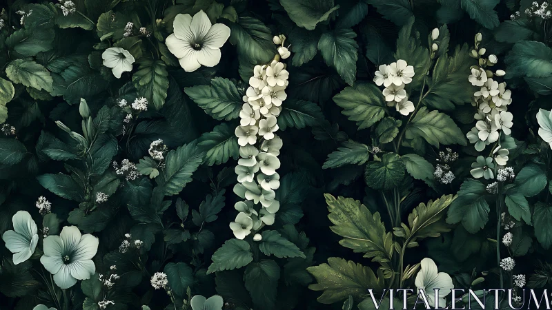 White Blooms and Foliage Composition Against Dark Botanical Background.