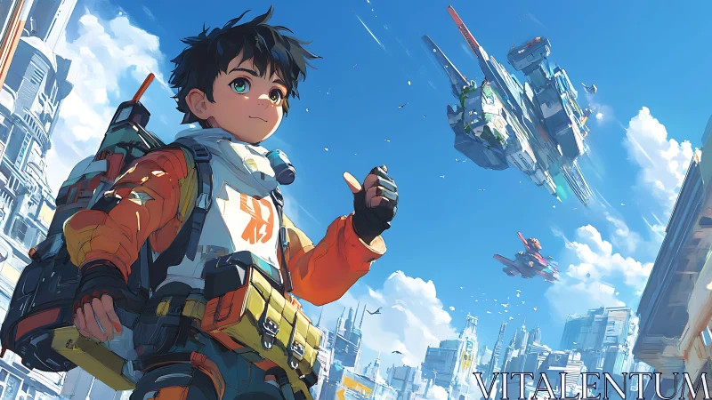 Youth explorer in futuristic aerial transit hub cityscape