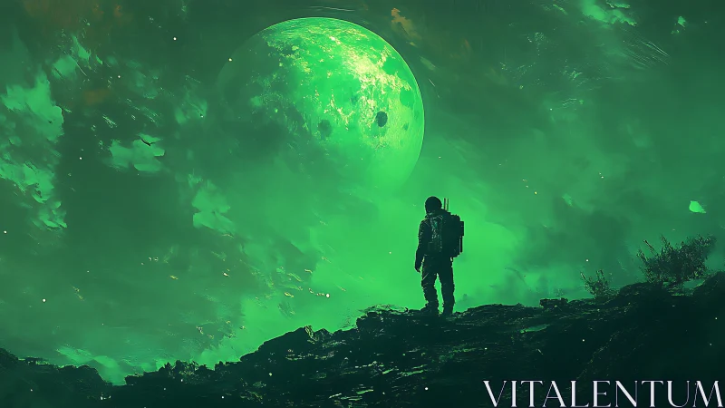 Solitary astronaut studies glowing green alien moon