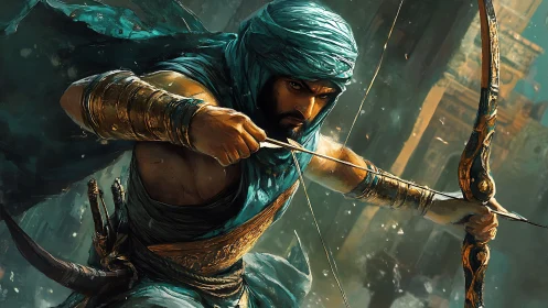 Desert archer lunges through splintered light and stormed sand.