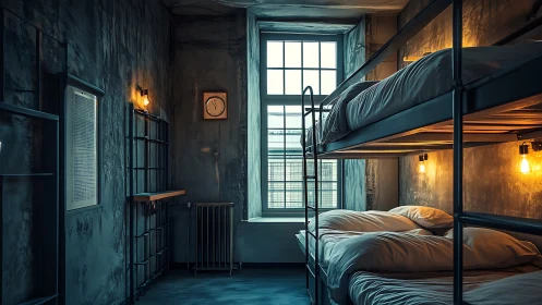Moody bunkbed hideout in industrial twilight glow.