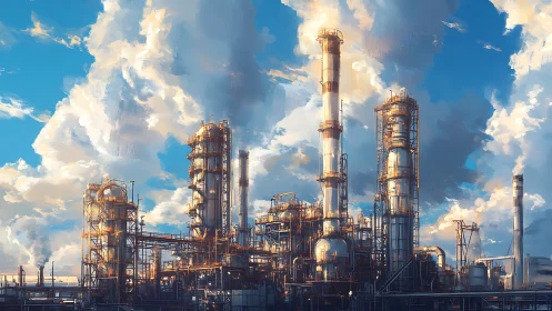 Soaring industrial refinery glows warmly against bright clouds