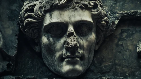 Weathered stone relief of a classical male face sculpture.