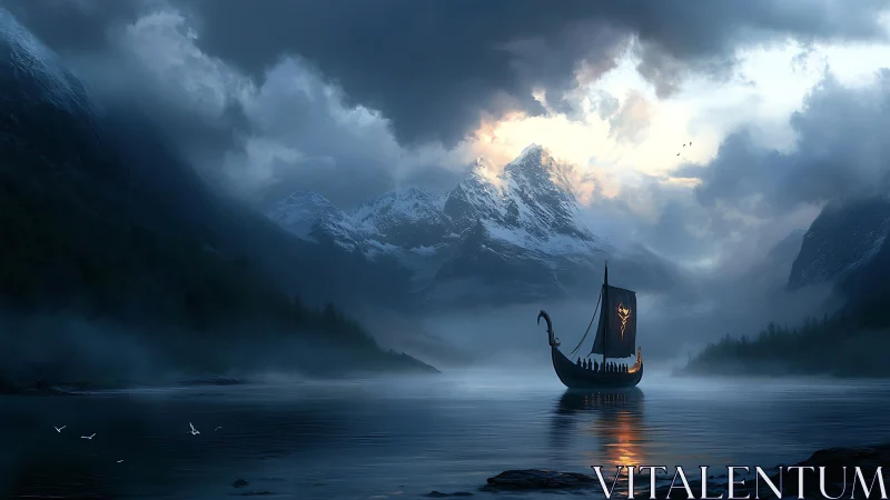 Viking longship under stormlit Nordic fjord mountains at dusk