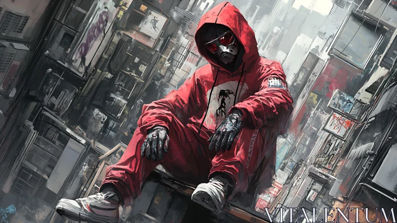 Urban rooftop drifter in red hoodie and mask, quietly watching.
