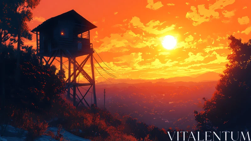 Elevated wooden watchtower against saturated orange sunset sky