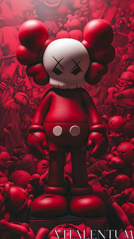 Red vinyl figure with skull head in dense toy display.