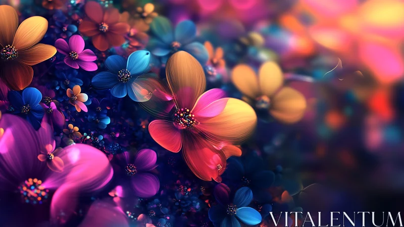 Luminous neon blossoms swirling through dreamy bokeh fields.
