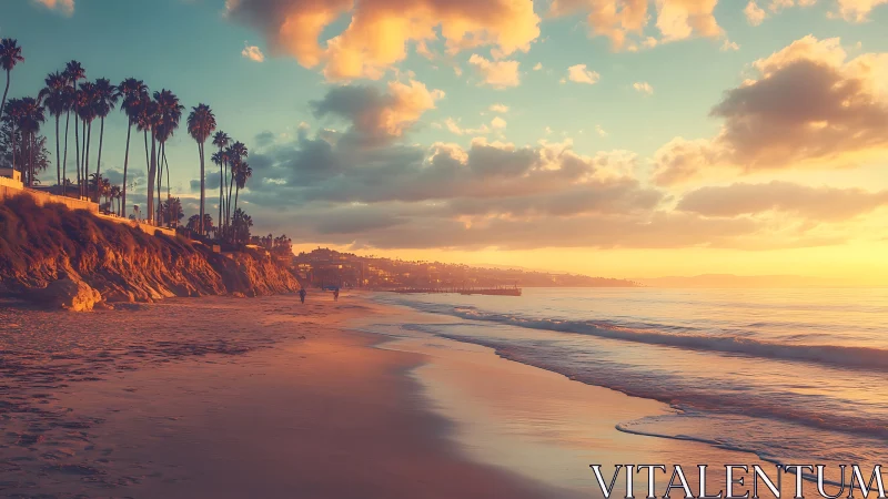 Sunlit palm cliffs above a serene Pacific shoreline at dusk.