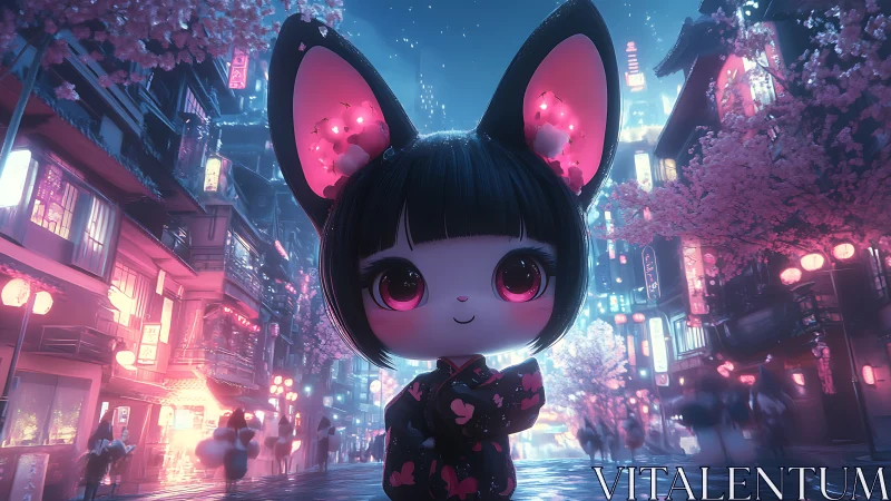 Neon-eared street wanderer turns dusk into candy-lit wonder