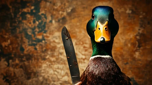 Mallard portrait with chef knife under dramatic studio lighting.