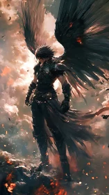 Dark-winged warrior rises through burning storm clouds.