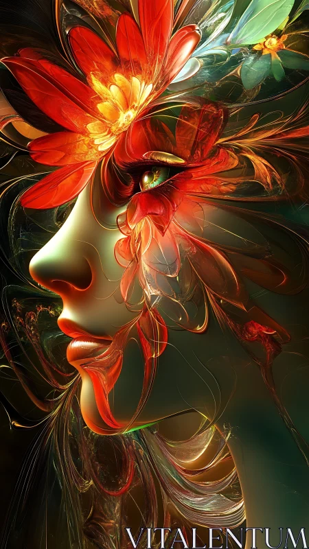 Female profile merged with layered red and yellow flowers.