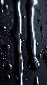 Glossy black liquid trails on dark reflective surface.