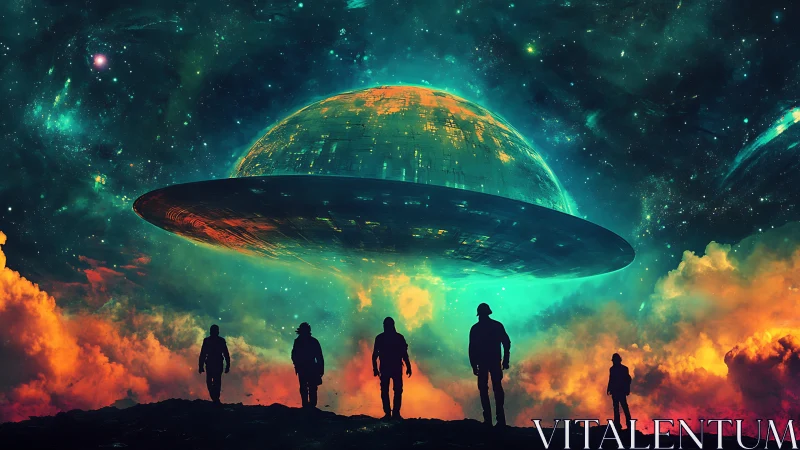 Spectral nebula landing with luminous domed starship hovering.