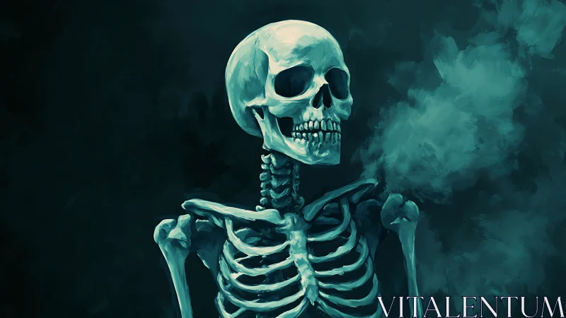 Moonlit skeleton muse in teal smoke and quiet grins.