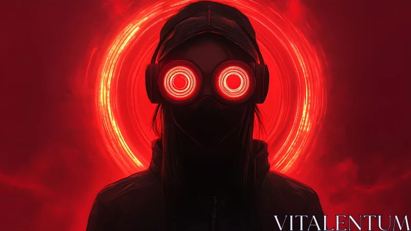 Neon-eyed wanderer drinks in the storm of red halos