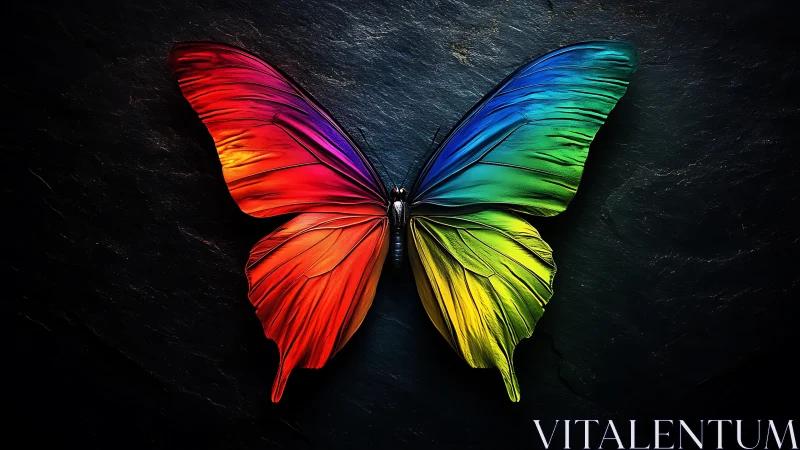 Radiant rainbow butterfly spreads luminous wings on black slate.