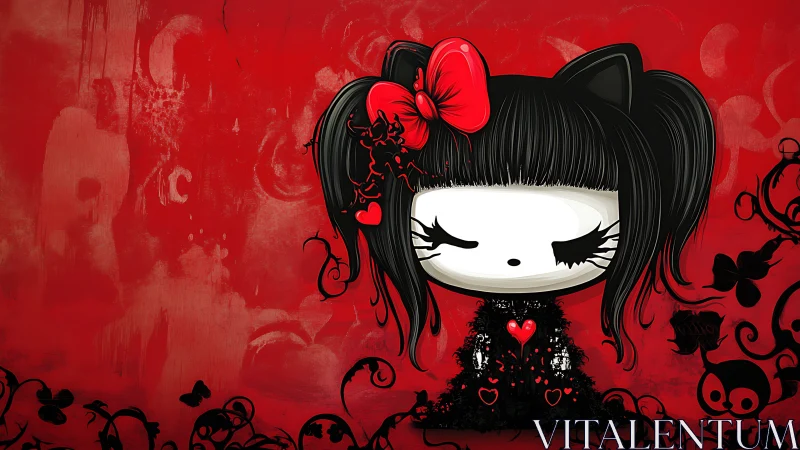 Gothic chibi girl on red background with black florals.