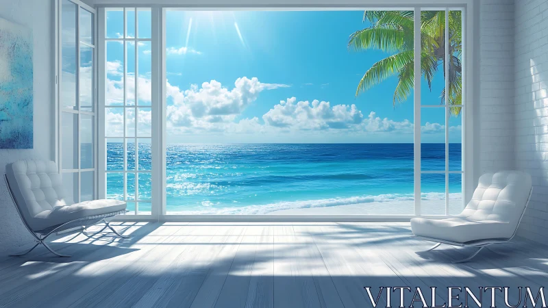 Sunlit oceanfront room opens gently onto a tranquil blue sea