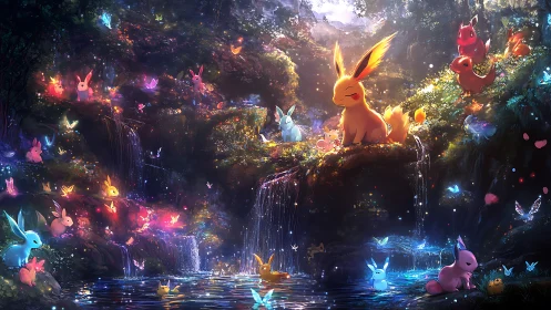 Multiple luminous creatures occupy tiered forest waterfalls