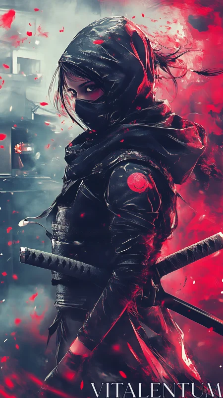Hooded masked swordswoman in black armor amid red haze.