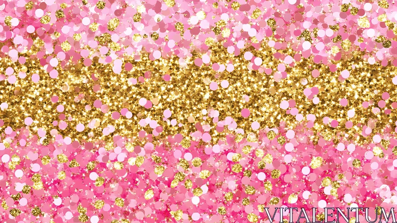 Gold glitter band cuts dense layered pink confetti field