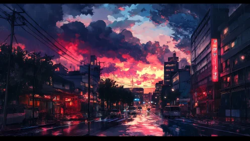Neon city street glowing under a soft, rain kissed sunset.