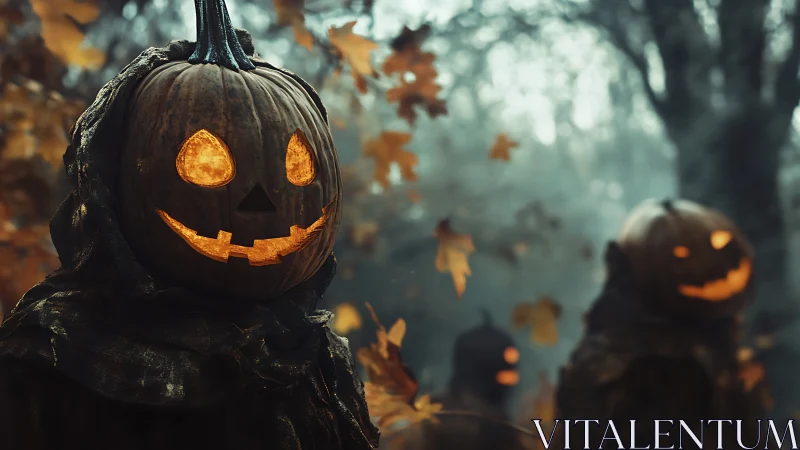 Cloaked jack o lantern figures in misty autumn forest at dusk