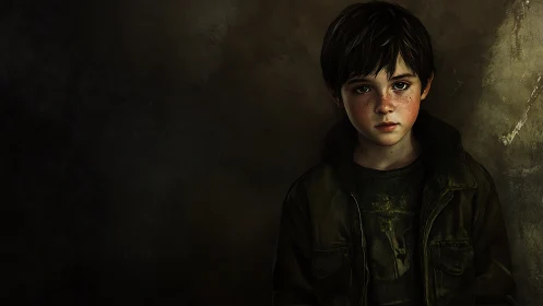 Solitary boy in muted chiaroscuro portraiture study.